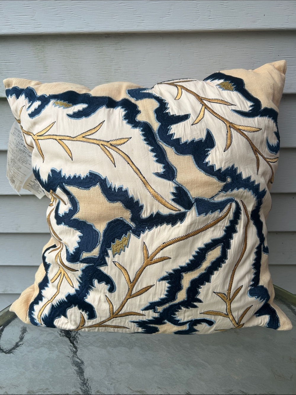 Waverly Cream, Navy and Gold Embroidered Accent Pillow